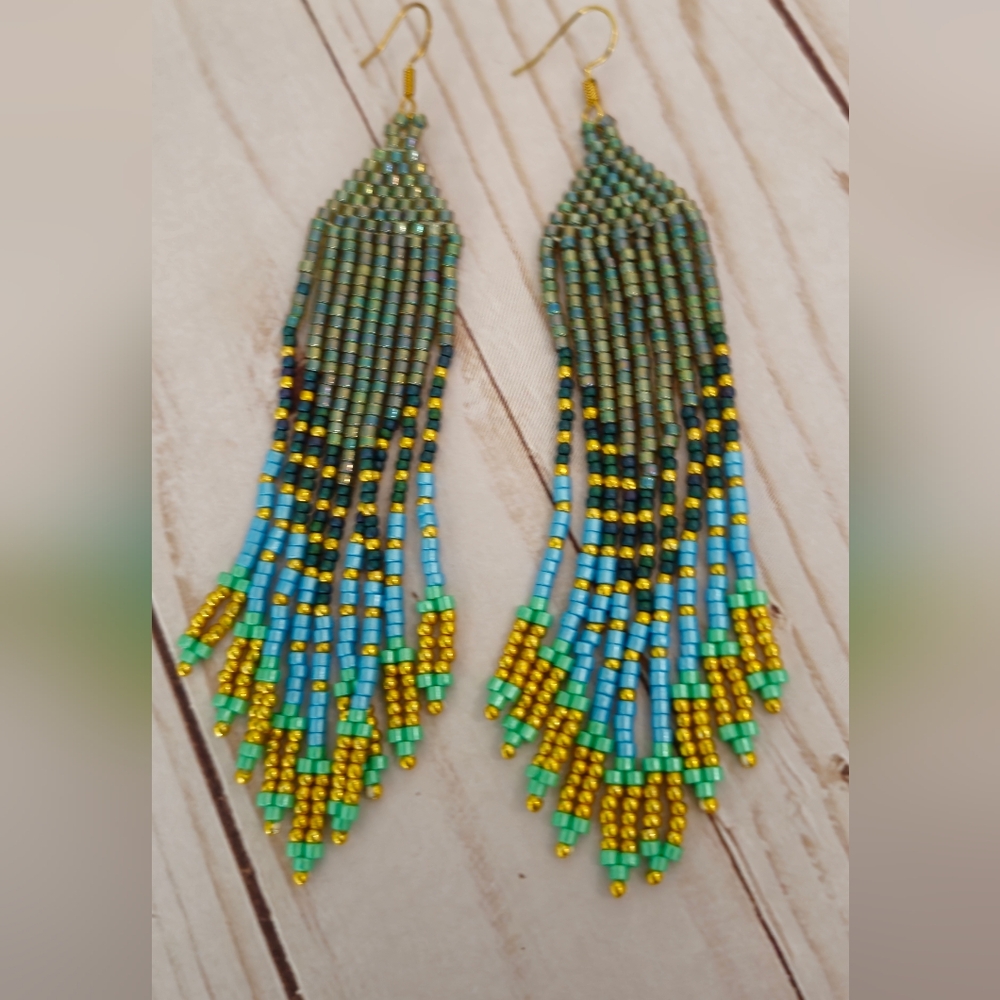 Handcrafted Beaded Earrings - Green, Blue, and Yellow